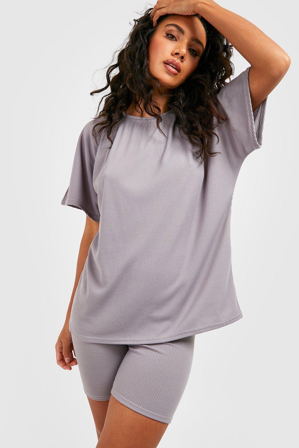 Womens Oversized T Shirt & Cycling Shorts Set - Grey - 16, Grey